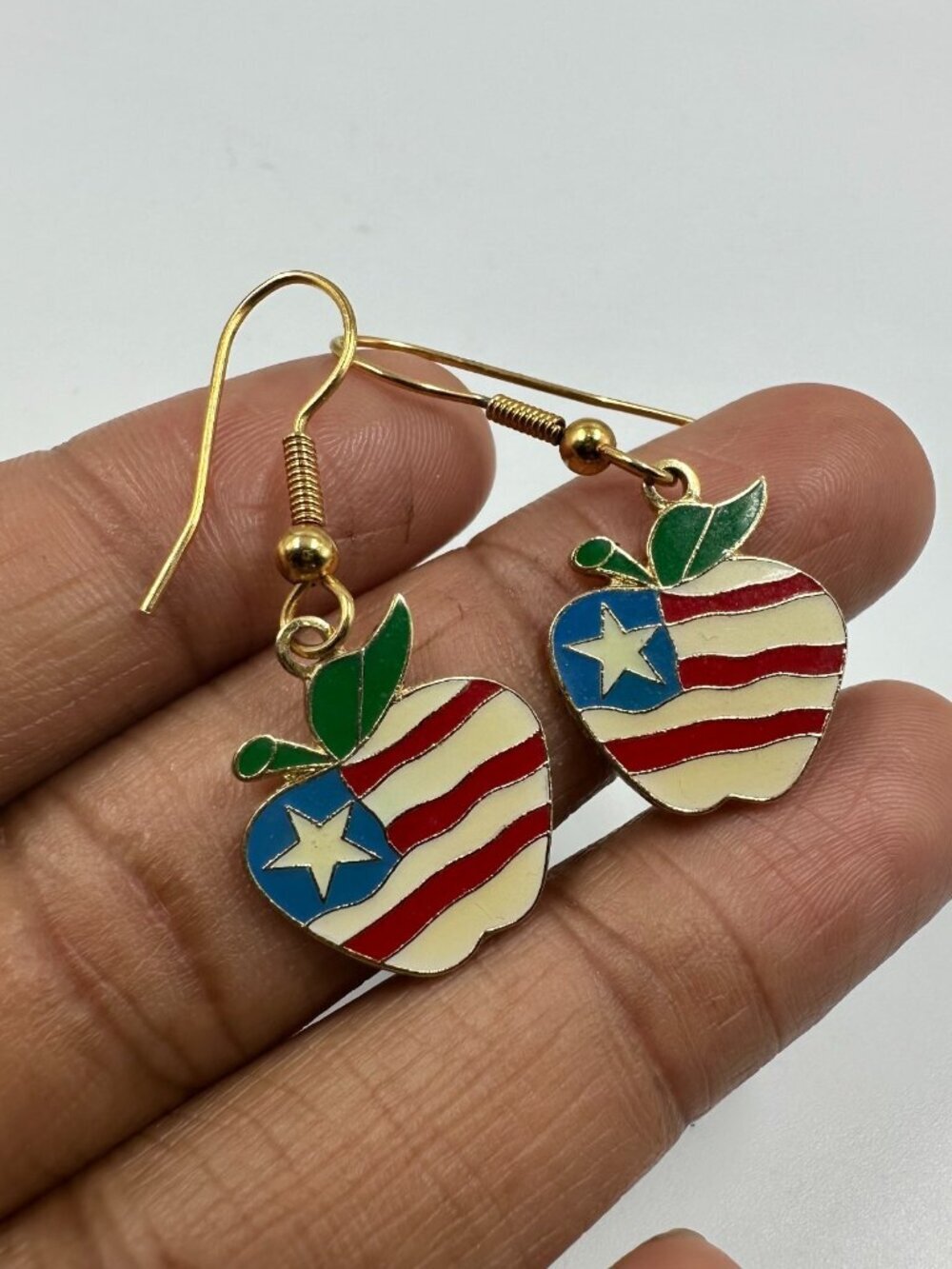 3/$30 Vintage Apple Dangle Earrings Gold Tone Enamel Flag Pattern Red Blue White